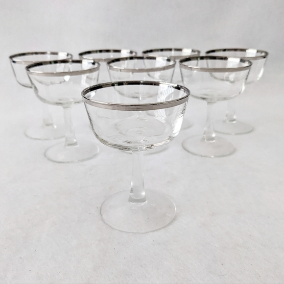 8 Parisienne Cristal d'Arques-Durand Silver Rim Champagne Coupe Sorbet Glasses